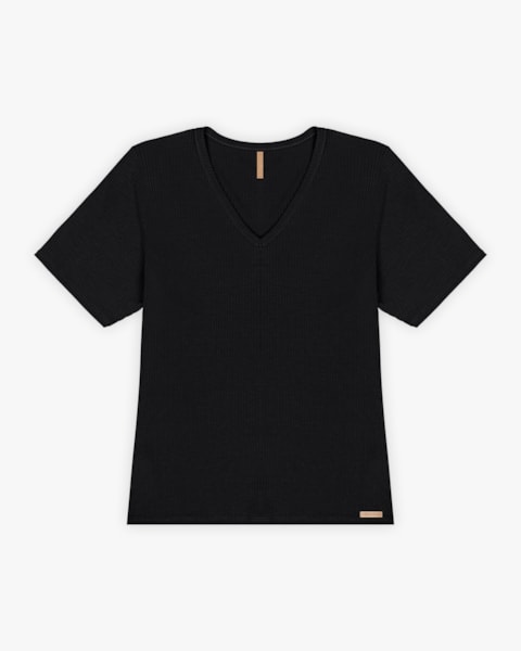 Blusa Básica Plus Size com Decote V Canelada - Cereja Rosa - Preto