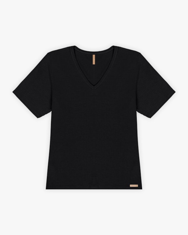 Blusa Básica Plus Size com Decote V Canelada - Cereja Rosa - Preto