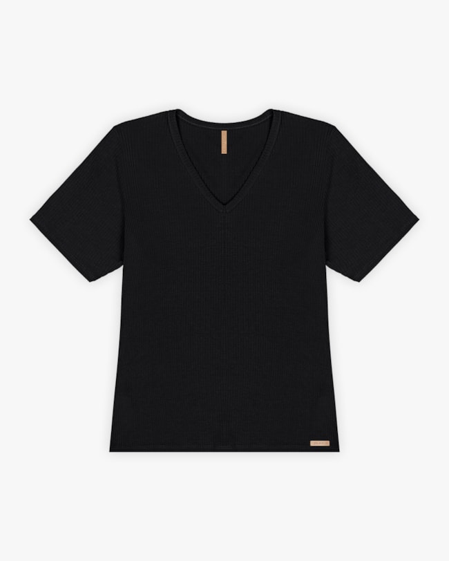 Blusa Básica Plus Size com Decote V Canelada - Cereja Rosa - Preto-effbac32-1b55-4455-8be6-94576ef47ef9