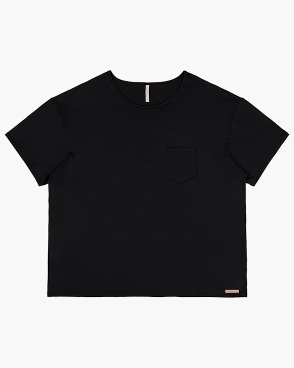 Blusa Básica Plus Size Manga Curta com Bolso - Cereja Rosa - Preto