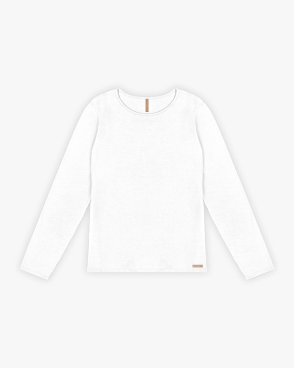 Blusa Básica Plus Size Manga Longa em Cotton - Cereja Rosa - Branco