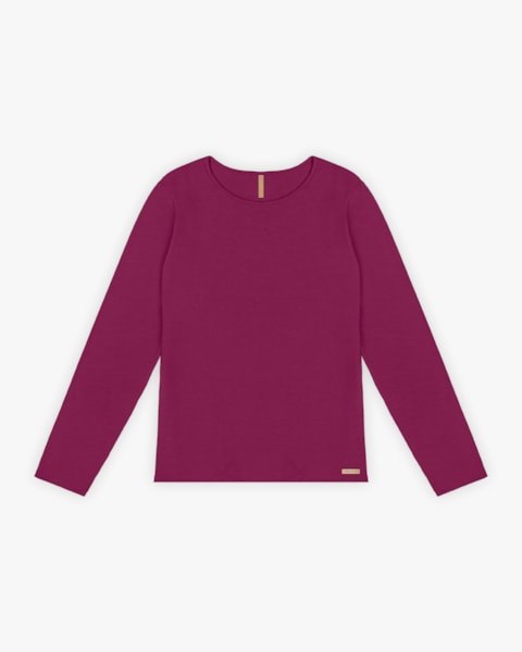 Blusa Básica Plus Size Manga Longa em Cotton - Cereja Rosa - Marsala