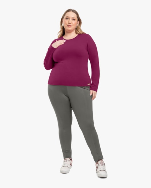 Blusa Básica Plus Size Manga Longa em Cotton - Cereja Rosa - Marsala