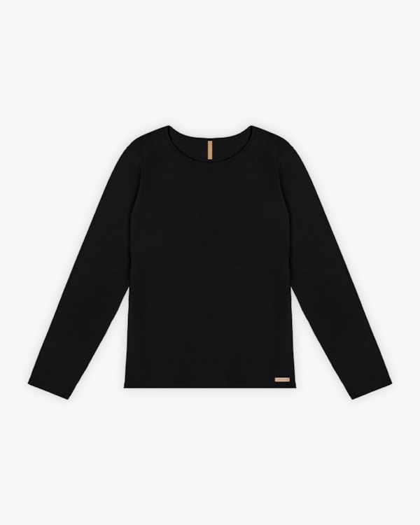 Blusa Básica Plus Size Manga Longa em Cotton - Cereja Rosa - Preto