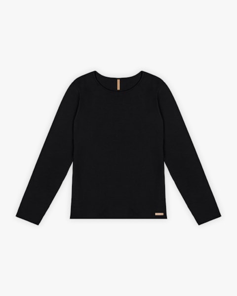 Blusa Básica Plus Size Manga Longa em Cotton - Cereja Rosa - Preto