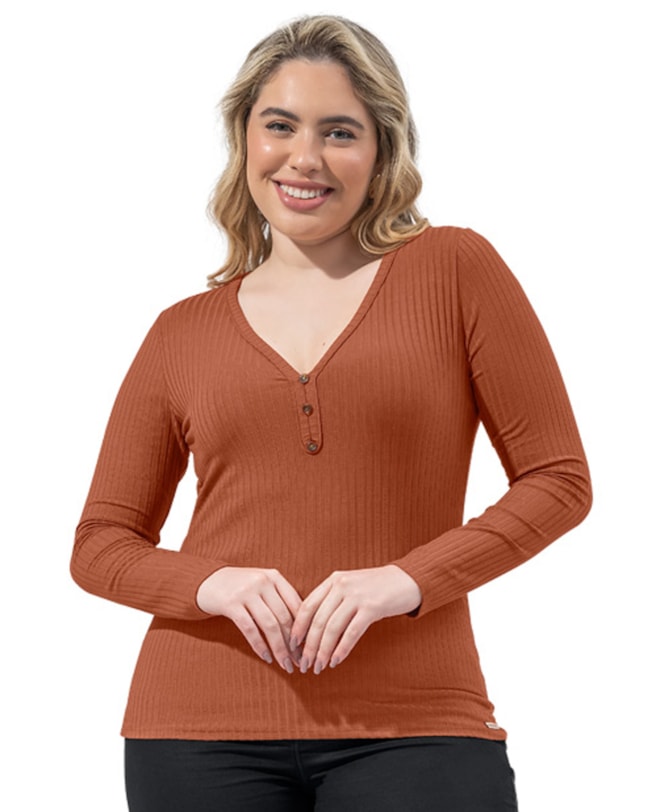 Blusa Canelada Feminina Cereja Curves com Botões-5413d3df-713c-4003-aec7-c6fd52aeb341