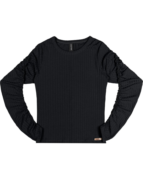 Blusa Canelada Feminina Cereja Rosa com Mangas Franzidas