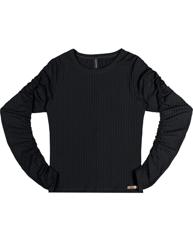 Blusa Canelada Feminina Cereja Rosa com Mangas Franzidas-440eac76-ba85-45f4-8fbf-33df013c8c83