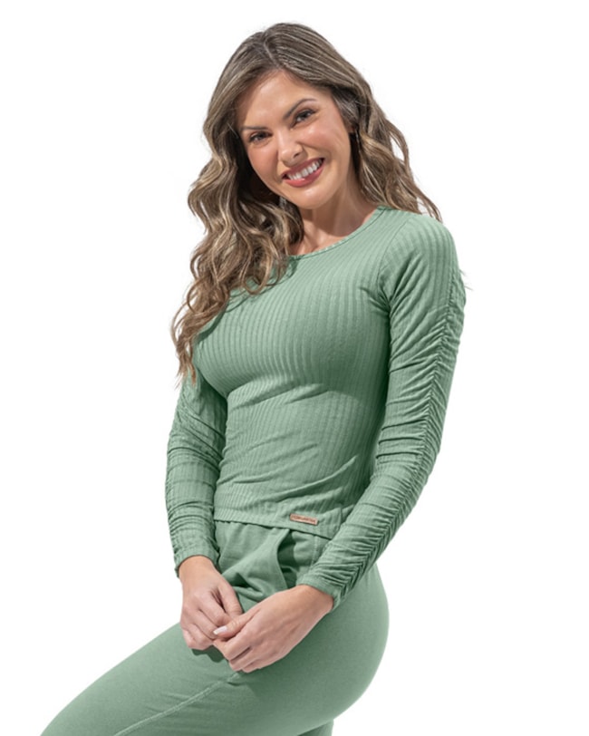 Blusa Canelada Feminina Cereja Rosa com Mangas Franzidas-707870dd-3c6a-4600-9938-dbbdfd33f327