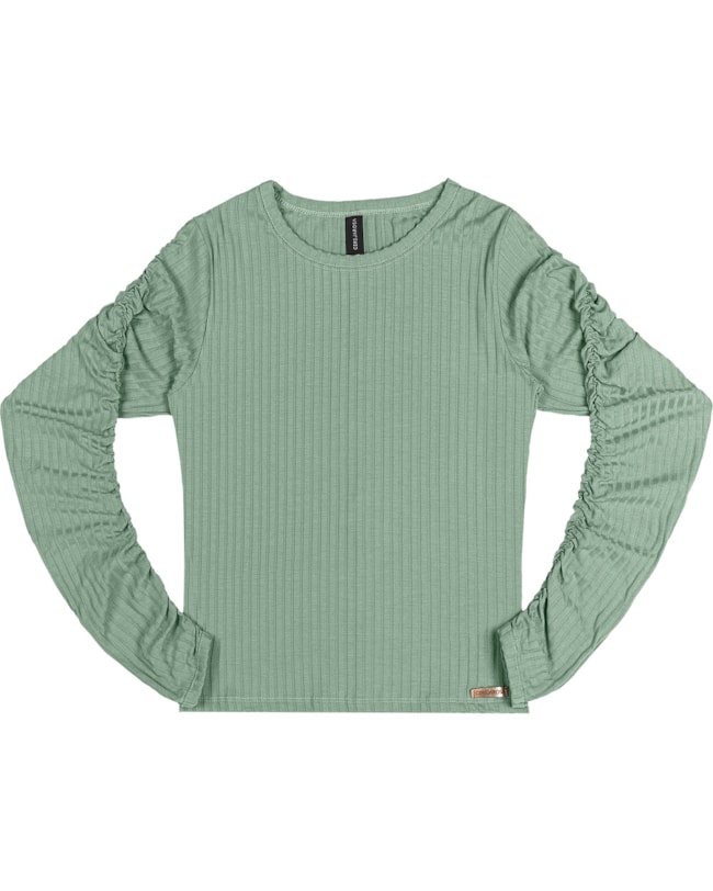 Blusa Canelada Feminina Cereja Rosa com Mangas Franzidas-91729183-e5cc-45ae-975f-db757d2bade8