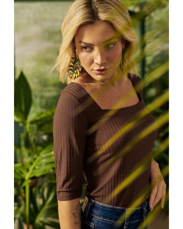 Blusa Canelada Manga 3/4 Cereja Rosa