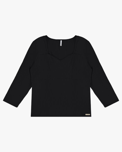 Blusa Canelada Plus Size Manga 3/4 - Cereja Rosa- Preto