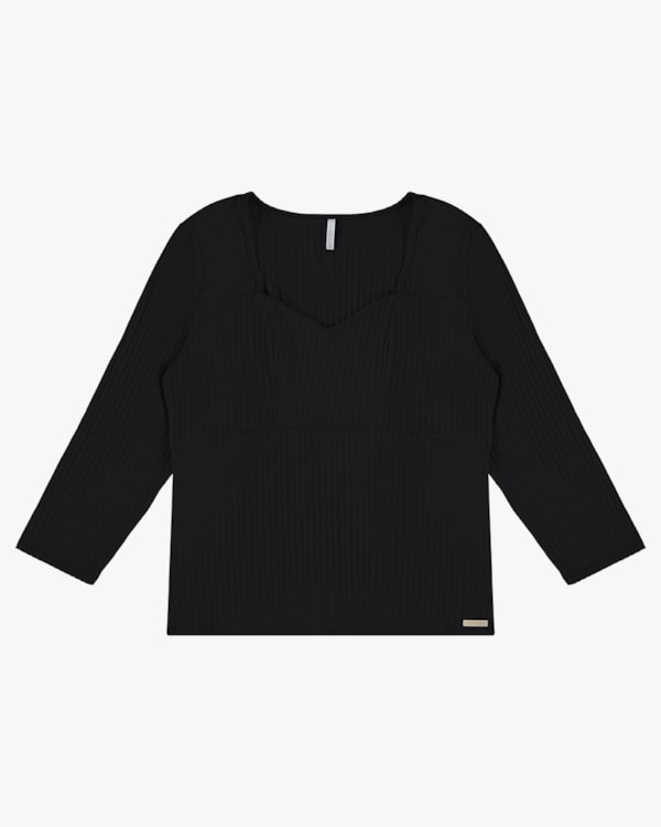 Blusa Canelada Plus Size Manga 3/4 - Cereja Rosa- Preto
