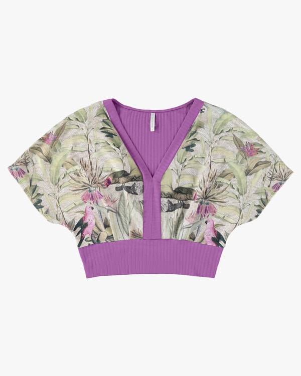Blusa Canelada Viscose com Crepe Estampado - Cereja Rosa - Depp Violet P