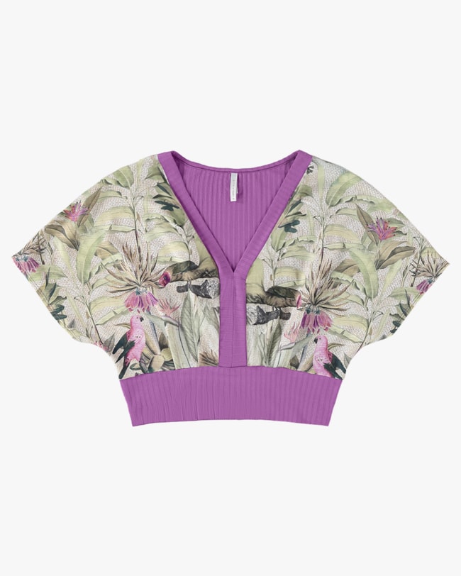 Blusa Canelada Viscose com Crepe Estampado - Cereja Rosa - Depp Violet P-bbfc9d1e-a211-4d3f-ba83-58ebbf4224ab