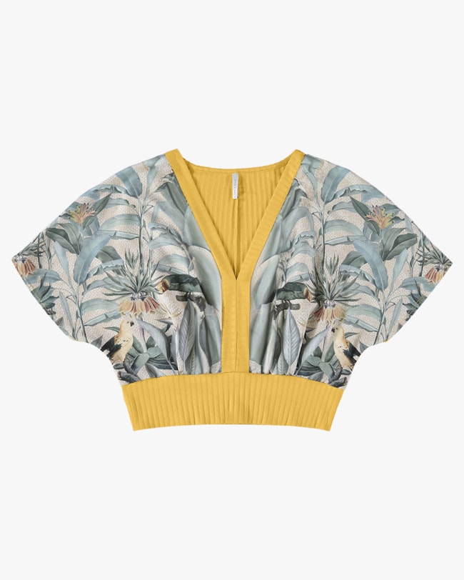 Blusa Canelada Viscose com Crepe Estampado - Cereja Rosa - Mostarda-dd2c32bb-5953-419c-bf7d-e9e84bb4251a