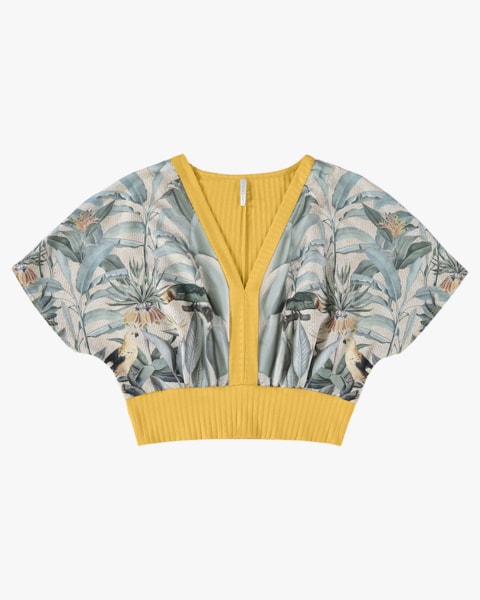 Blusa Canelada Viscose com Crepe Estampado - Cereja Rosa - Mostarda