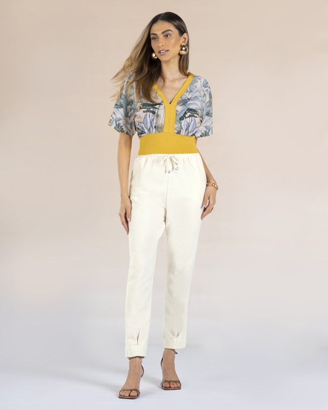 Blusa Canelada Viscose com Crepe Estampado - Cereja Rosa - Mostarda-af3e1ad6-f87b-4a15-8a80-fe3abf4aeb1d