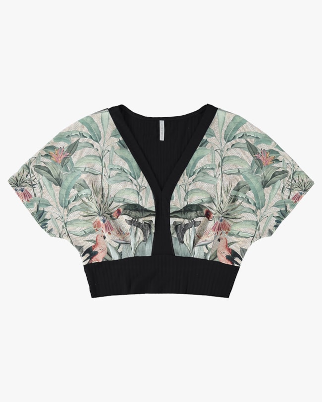 Blusa Canelada Viscose com Crepe Estampado - Cereja Rosa - Preto P-eb286799-4e65-4911-85c3-ff4995f2cab9