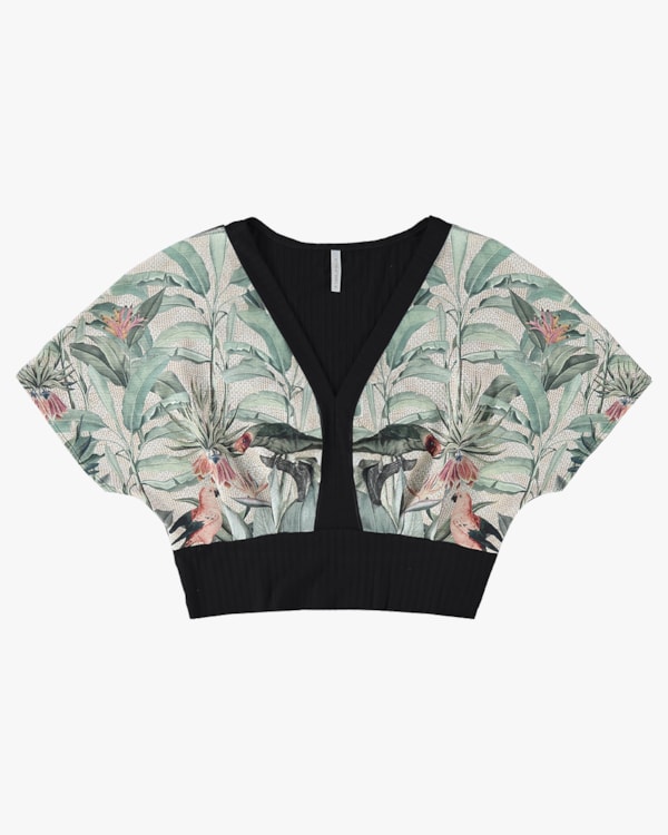 Blusa Canelada Viscose com Crepe Estampado - Cereja Rosa - Preto P