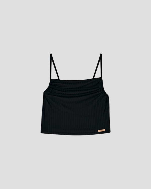 Blusa Cropped Canelada com Alça Fina Cereja Rosa Preto