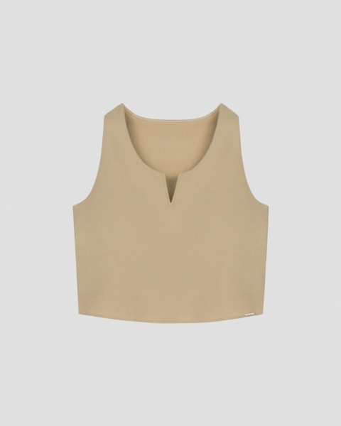 Blusa Cropped em Alfaiataria com Decote V Cereja Rosa Bege