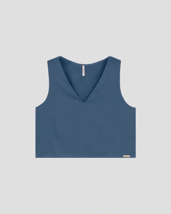 Blusa Cropped em Viscose Linho Decote V Cereja Rosa Azul