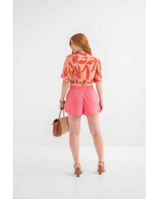 Blusa Cropped Estampada com Amarração Cereja Rosa