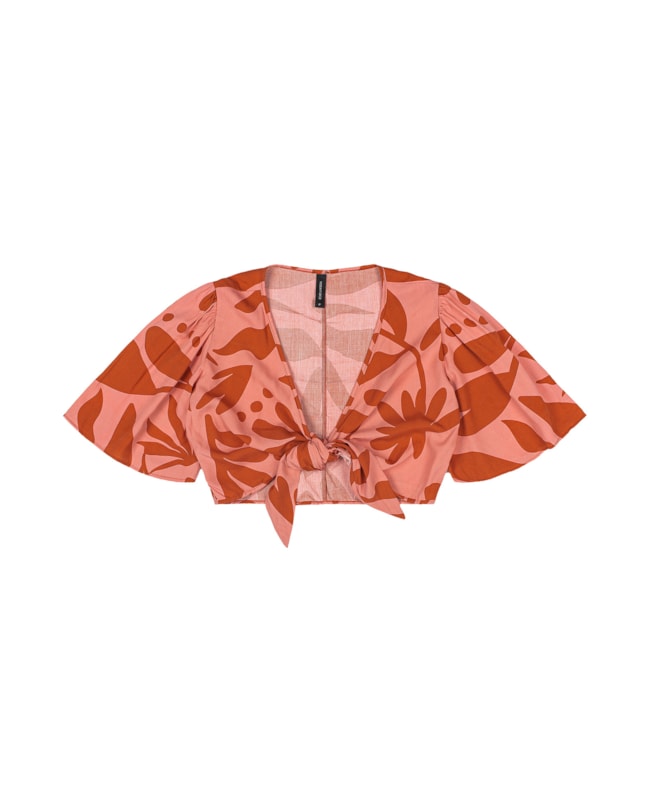 Blusa Cropped Estampada com Amarração Cereja Rosa-81a58129-4d74-4ace-a703-c3031417ddc5