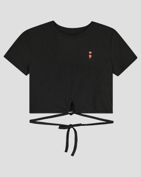Blusa Cropped Juvenil Canelada com Amarração BaseD Preto