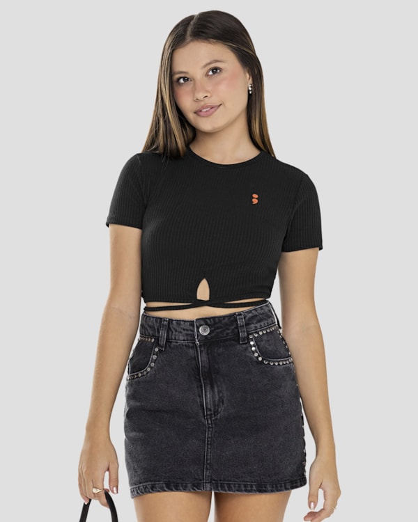 Blusa Cropped Juvenil Canelada com Amarração BaseD Preto