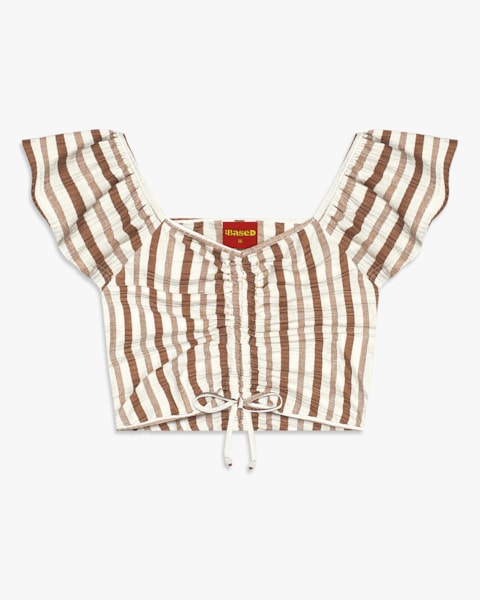 Blusa Cropped Juvenil em Canelado Listrado - BaseD - Natural