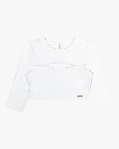 Blusa Cropped Manga 3/4 em Viscose Cereja Rosa - Branco