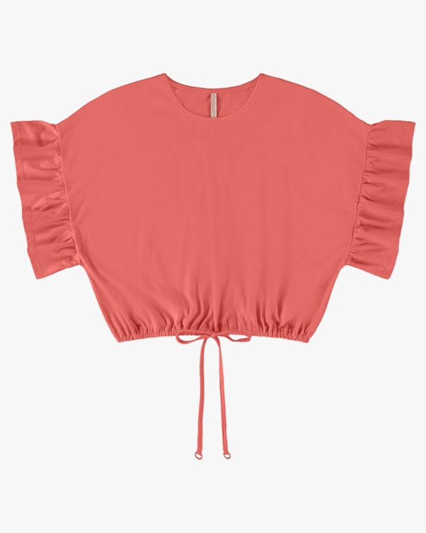 Blusa Curta com Babado na Manga - Cereja Rosa - Lagosta P