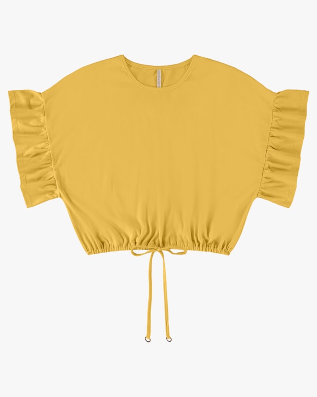 Blusa Curta com Babado na Manga - Cereja Rosa - Mostarda P-5b067be6-8085-4ed2-bb22-ace48d17c59d