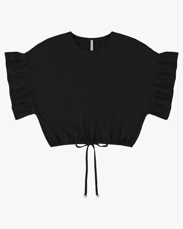Blusa Curta com Babado na Manga - Cereja Rosa - Preto P