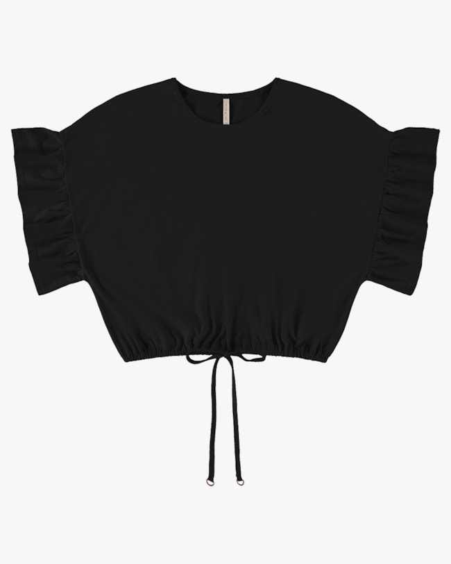 Blusa Curta com Babado na Manga - Cereja Rosa - Preto  P-a4099820-327a-44aa-96aa-c54729f2302d