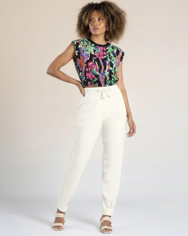 Blusa Estampada com Retilínea - Cereja Rosa - Preto