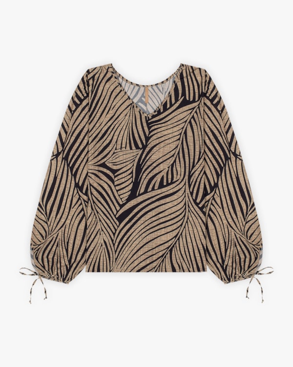 Blusa Estampada Plus Size com Manga Longa - Cereja Rosa - Bege