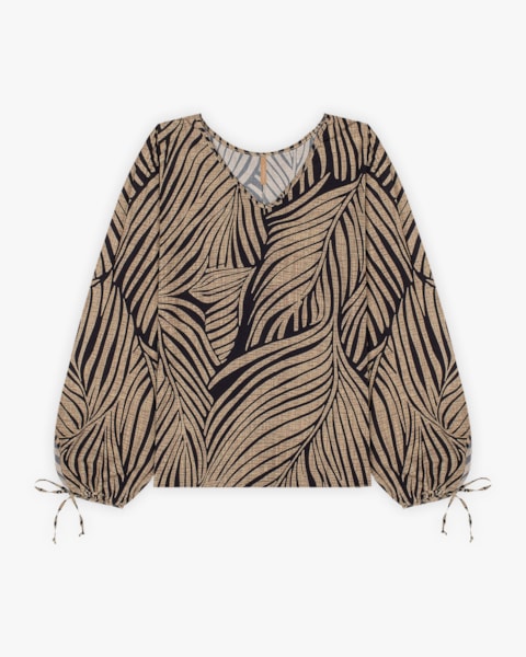 Blusa Estampada Plus Size com Manga Longa - Cereja Rosa - Bege