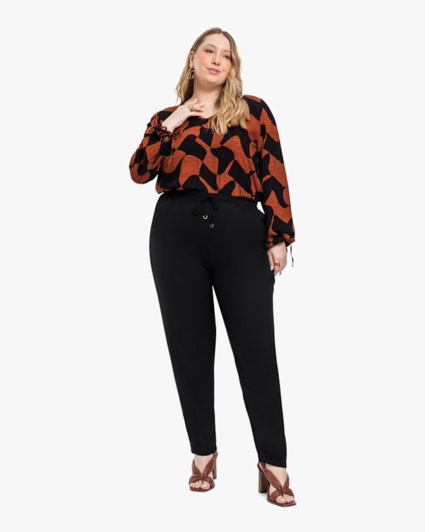 Blusa Estampada Plus Size com Manga Longa - Cereja Rosa - Ocre