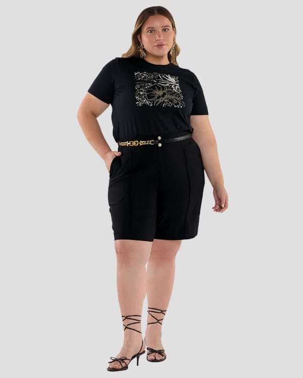 Blusa Femina Plus Size com Estampa Metalizada - Cereja Rosa - Preto