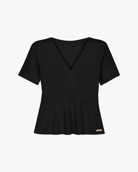 Blusa Feminina Acinturada com Decote V - Cereja Rosa - Preto
