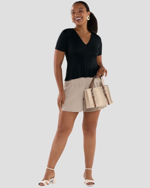 Blusa Feminina Acinturada com Decote V - Cereja Rosa - Preto