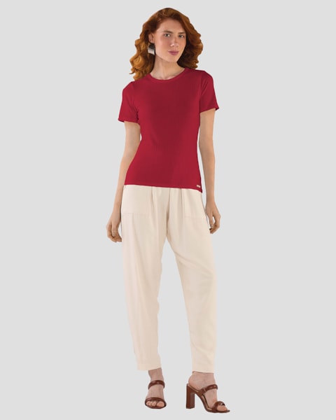 Blusa Feminina Básica em Ribana Canelada Cereja Rosa Vermelho