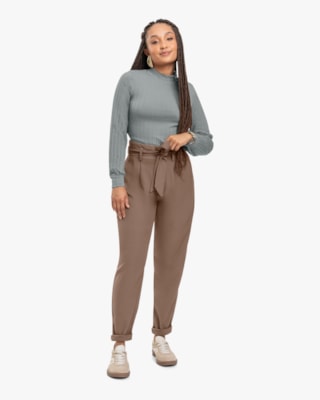 Blusa Feminina Canelada Canga Longa com Gola Alta - Cereja Rosa - Cinza