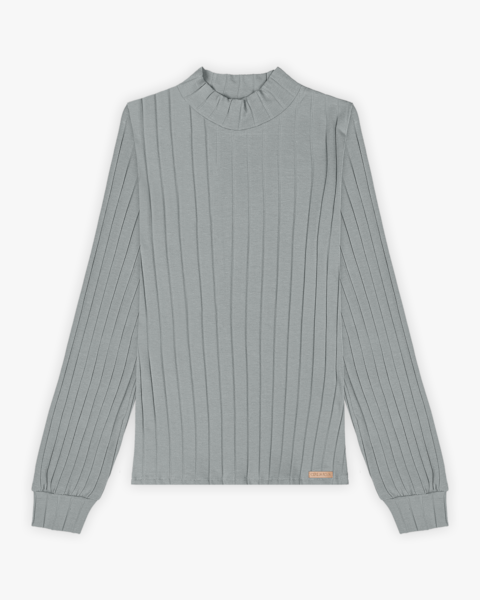 Blusa Feminina Canelada Canga Longa com Gola Alta - Cereja Rosa - Cinza