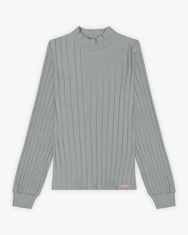 Blusa Feminina Canelada Canga Longa com Gola Alta - Cereja Rosa - Cinza