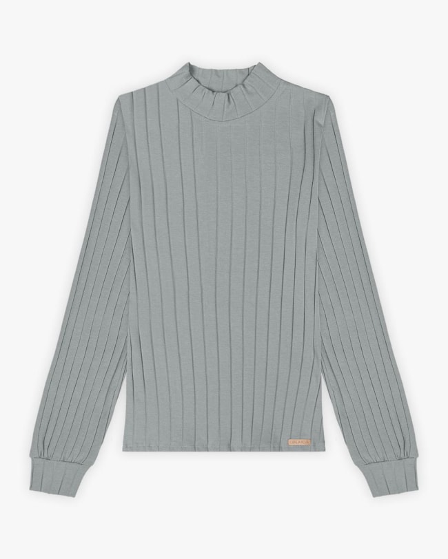 Blusa Feminina Canelada Canga Longa com Gola Alta - Cereja Rosa - Cinza-bcc1bff6-dcde-40cf-9b52-2205cd49b85e