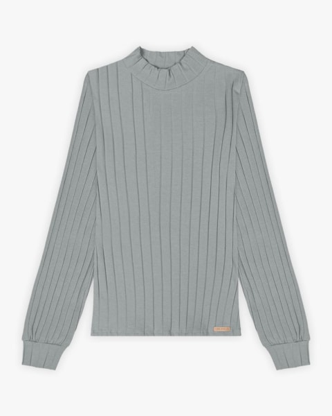 Blusa Feminina Canelada Canga Longa com Gola Alta - Cereja Rosa - Cinza